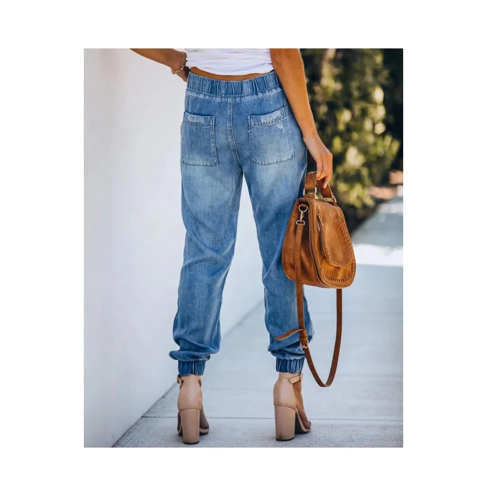 

2021 latest fashion women's high waist pierced tight drawstring jeans