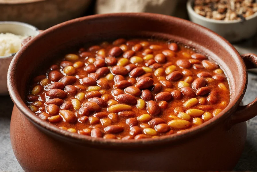 Traditional chili pot simmering with visible kidney beans and pinto beans, demonstrating how to cook beans for chili with spices and meat