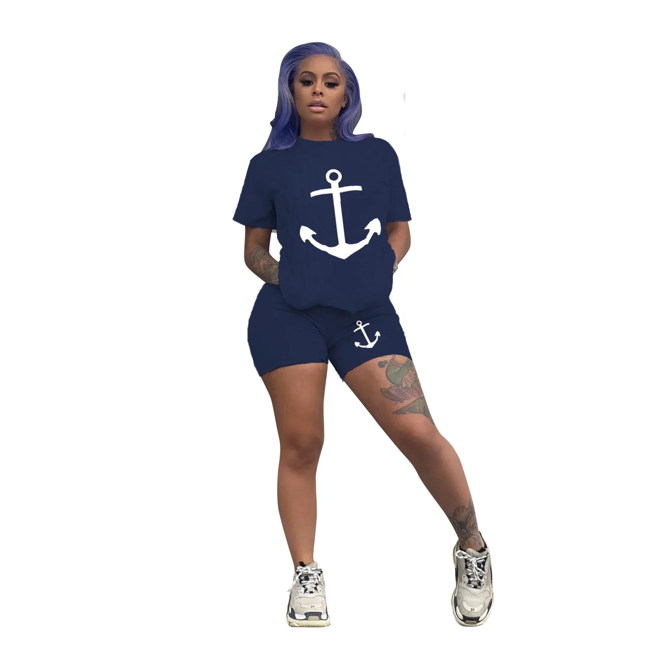 

2021 New Arrival T Shirt and Shorts Set Anchor Printed Women Summer Shorts Set