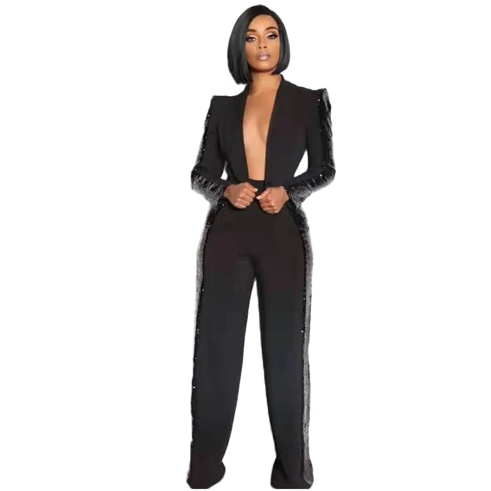 

2020 Hot selling women Long Sleeve Fashion sequins blazers suit ladies women two piece pants set