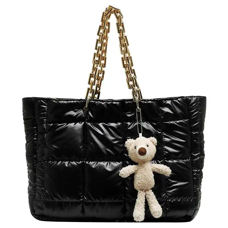 

Women Cotton Space Chain Women Bag Feather Tote Bag Fashion Shinny Down Proof Cotton Fabric Padded Down Lady Clutch Single, More