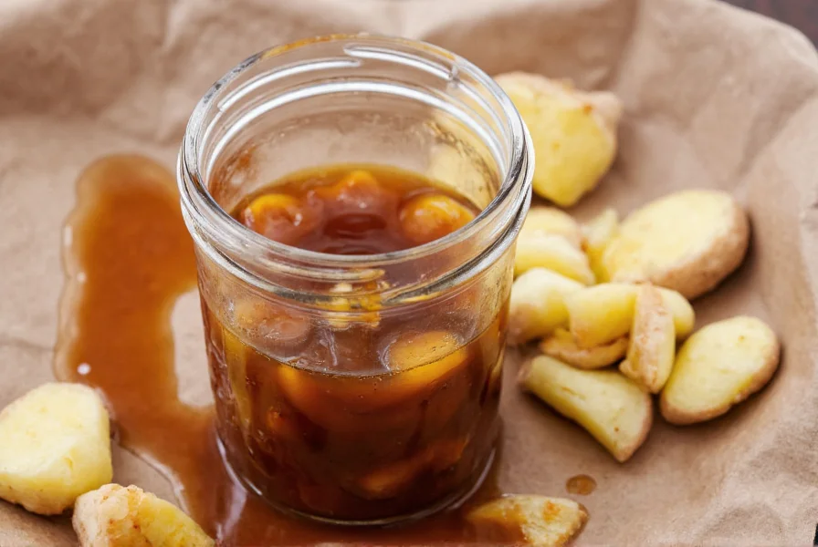 Glass jar of homemade ginger teriyaki sauce with fresh ginger slices and soy ingredients arranged artistically