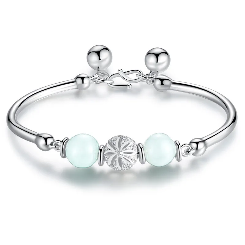 

Fashion Simple Personality Jade Open Bracelet for Women Platinum 925 Sterling Silver Color Transfer Beads Jade Jewelry