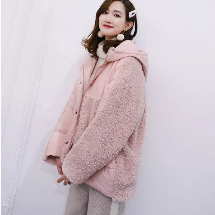 

Winter new hooded loose coat lamb hair stitching Korean version of white duck down short down jacket women