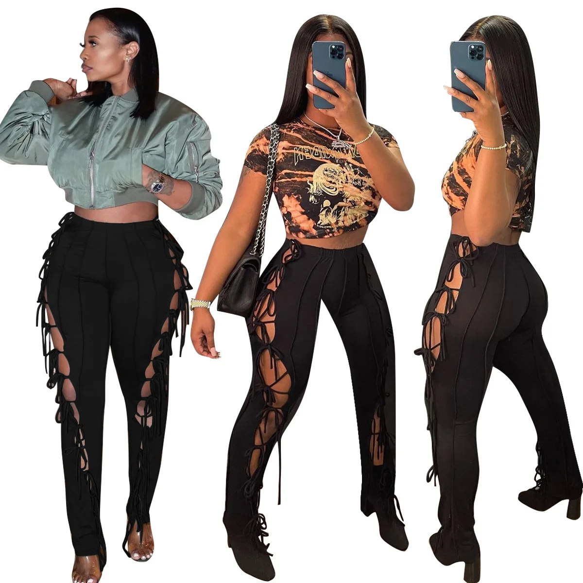 

Trending Products 2022 New Arrivals Solid Bandage Pants Casual Pencil Pants Hollow Out Tight Pants For Ladies