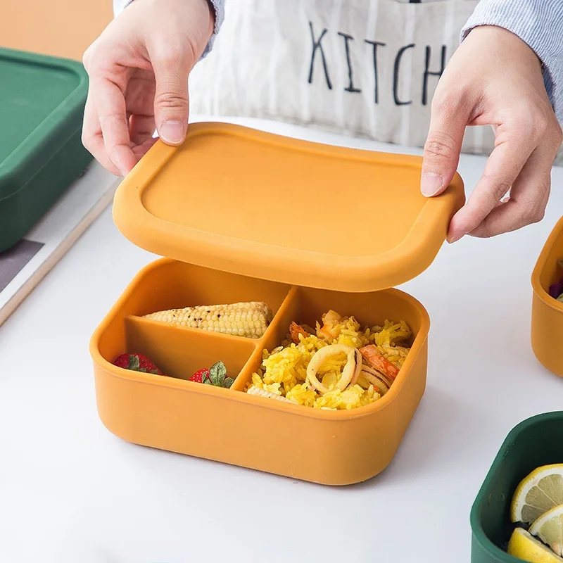 

Sealed Silicone Lunch Bento Food Storage Container Box for Baby Kids Snack Adult 3-Compartment camping food Containers