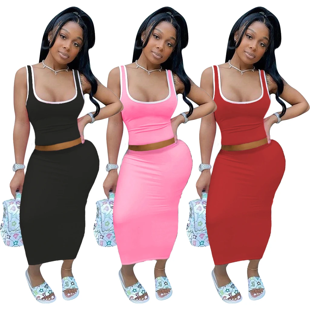 

FM-D9284 2020 drop shipping solid casual crop top women and skirts long two piece skirt set