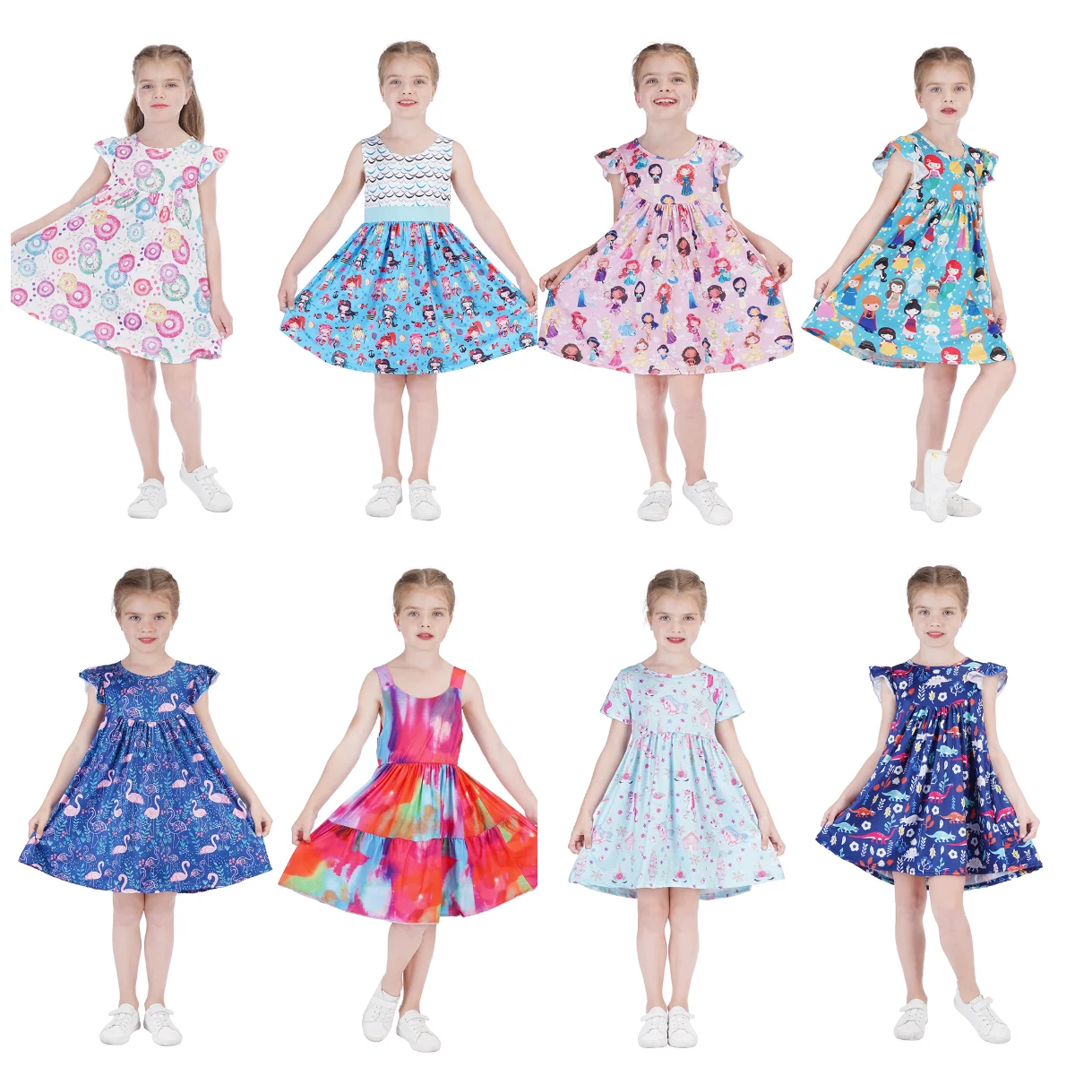 

2021 Girls New Summer Print Flower Princess Dress Children Short Sleeve Pure Cotton baby dresses Little Girls casual Dress, As picture