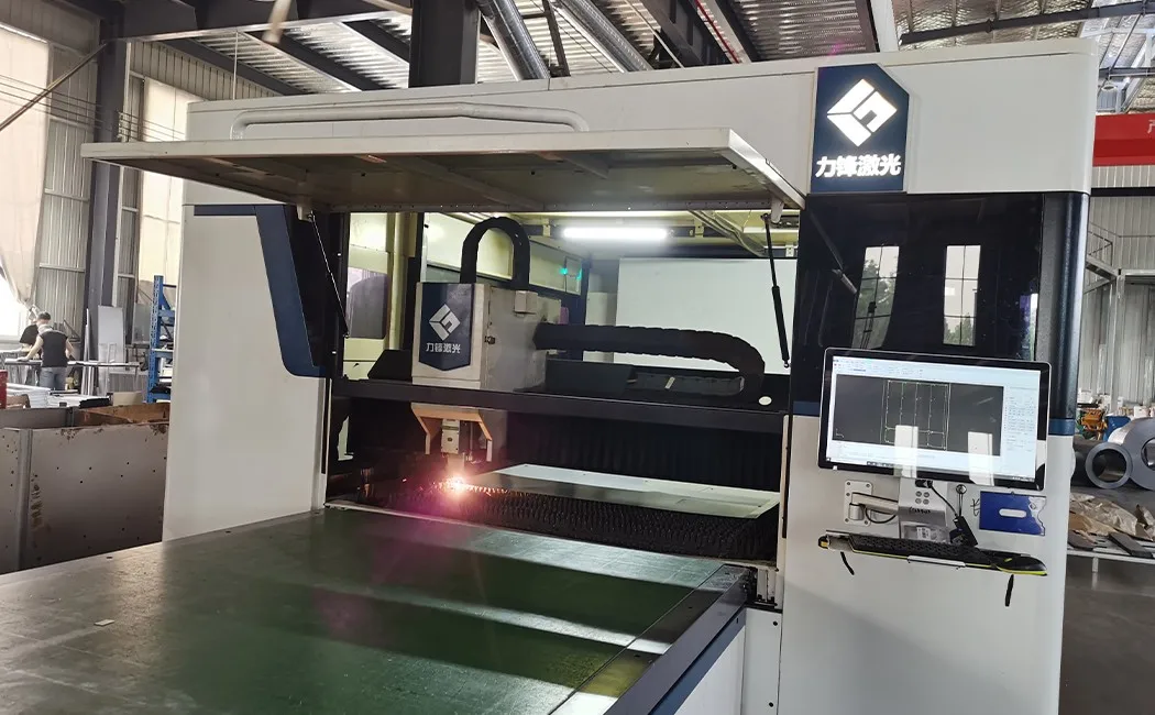 CNC laser cutting machine cutting steel locker sheet panels — how steel lockers are made factory process