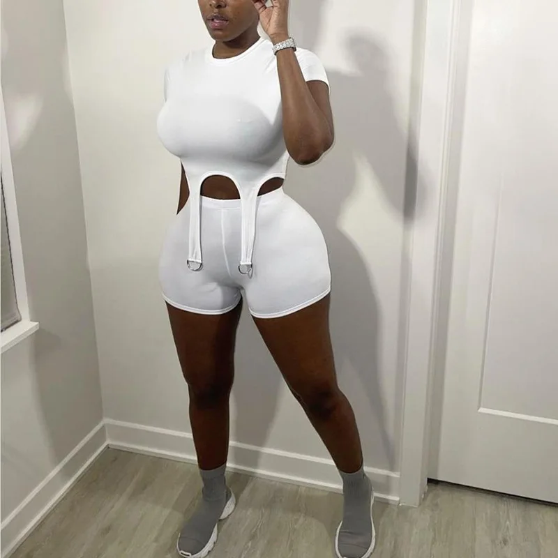 

2021 Summer Women Clothing Two Piece Pant Set Fashion Ladies Apparel Tracksuit Hollow Out Crop Top Sexy 2 Piece Short Set