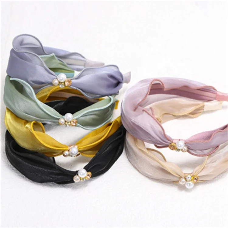 

Satin Bright Silk Fabric Hair Band Rhinestone Pearl Mesh Headband Vintage Embroidered Side Knot Headband, Picture
