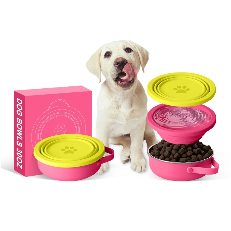 

Hot sale 2 in 1 30oz Dog Bowl Collapsible Dog Dishes Portable Stainless Steel Insulated Dog Water Food Bowl for Pets