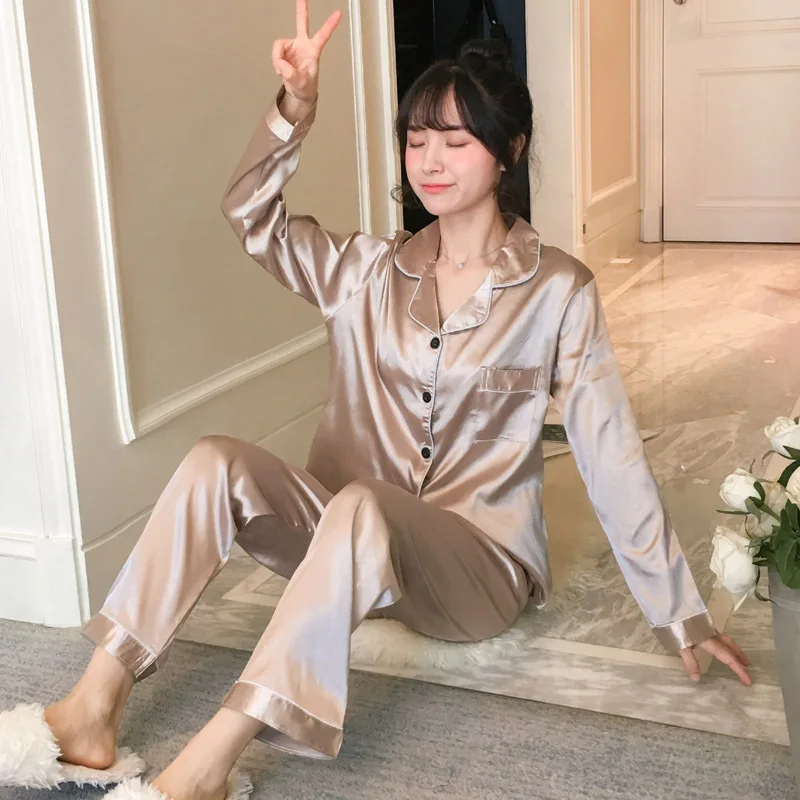 

Custom logo fashion long Sleeve and trousers Casual suit high quality ladies solid 2pc set satin pajamas women's sleepwear