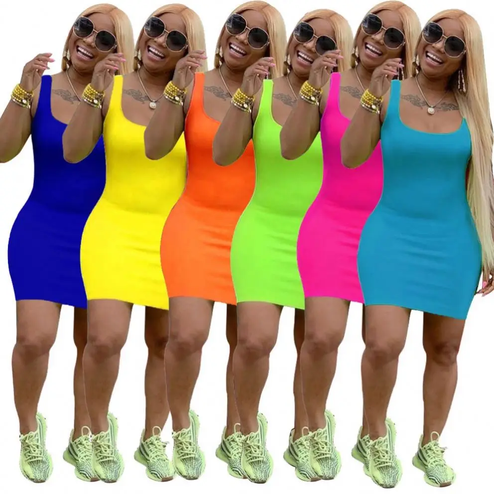 

2021 Wholesale Women Dresses Summer Clothes Women Solid Color Bodycon Dress, Blue,yellow,red,royal blue,rose red ect.