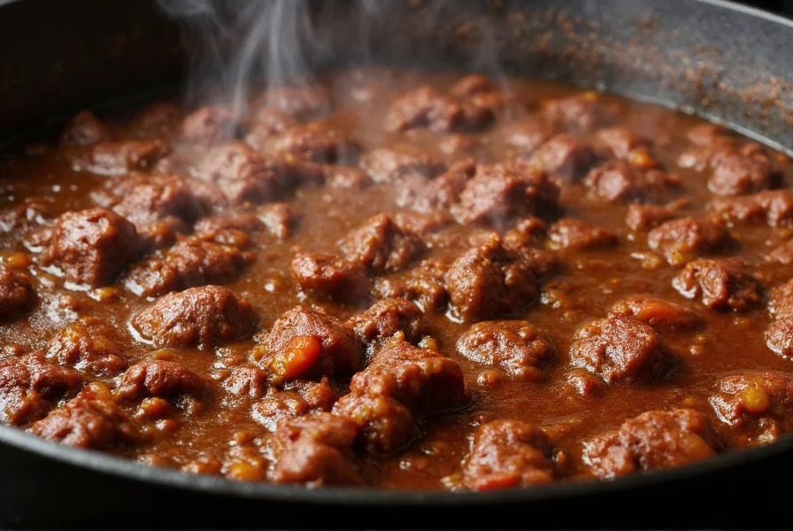 Close-up of rich, dark chili beef in cast iron pot with steam rising, showing tender meat chunks and visible spices
