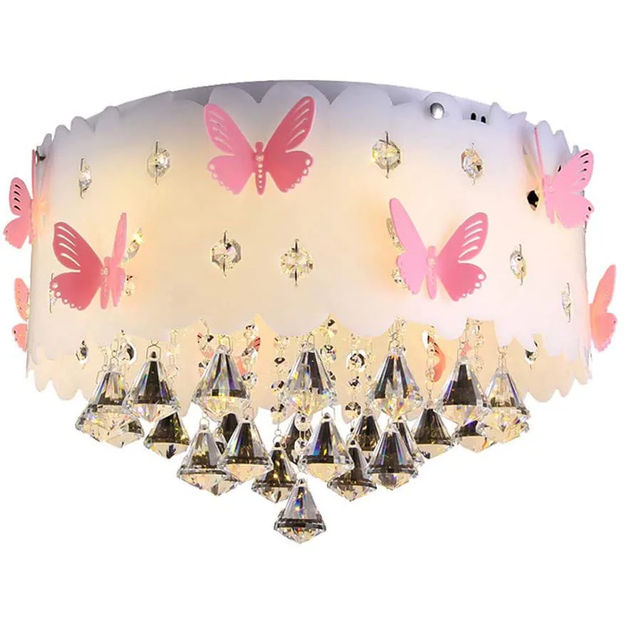 Modern girls bedroom embedded ceiling lighting lovely pink butterfly LED crystal chandelier