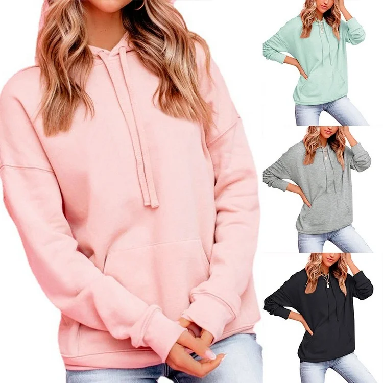 

2021 Autumn Women's Casual Hoodies Long Sleeve Solid Lightweight Pullover Tops Loose Sweatshirt with Pocket