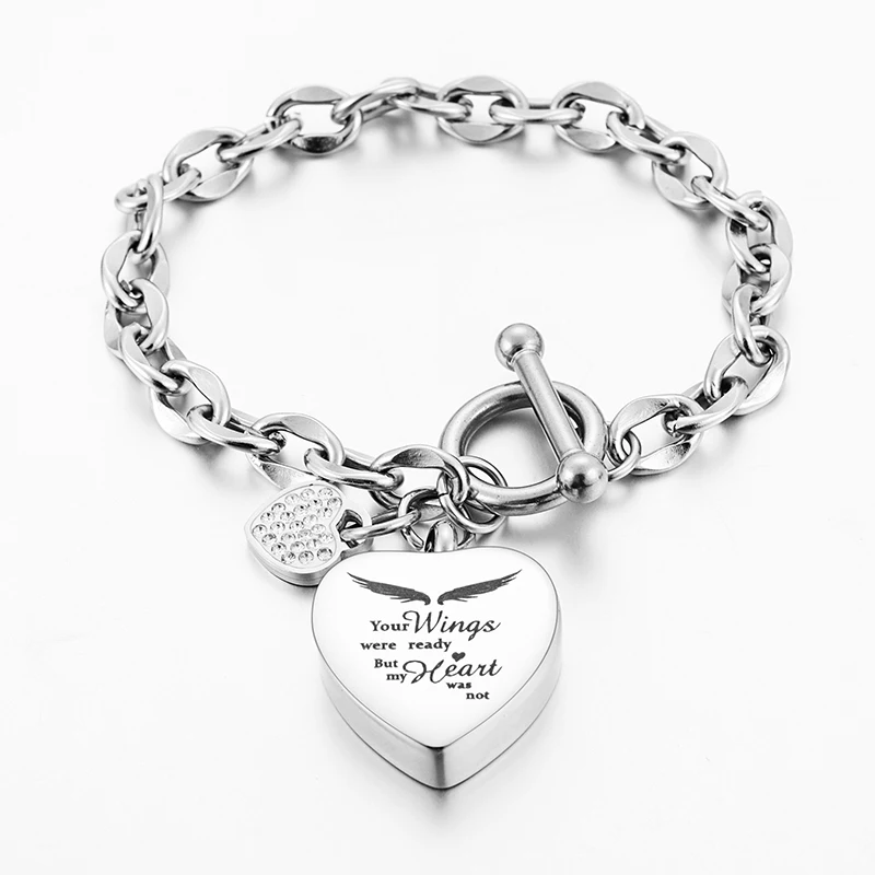 

Stainless Steel Customized Heart Pendant Ashes Urn Locket Bracelet Cremation Jewelry, Silver