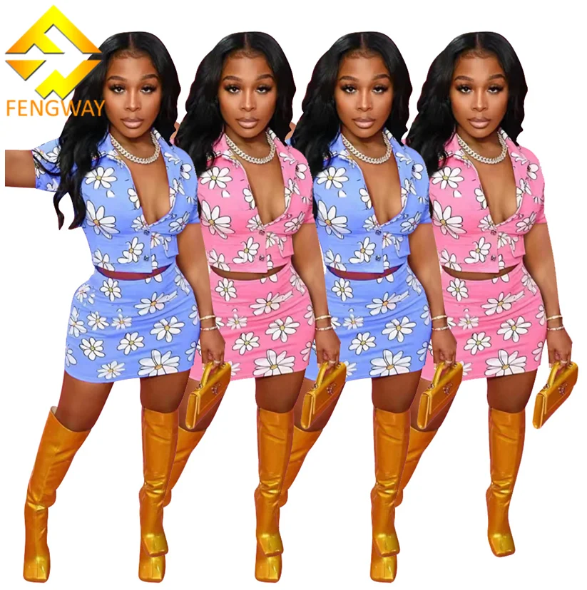 

Fengway 2022 Summer Short Sleeve Shirt 2 Pc Set Crop Top And Mini Skirt Set Women Printed Two Piece Skirt Set