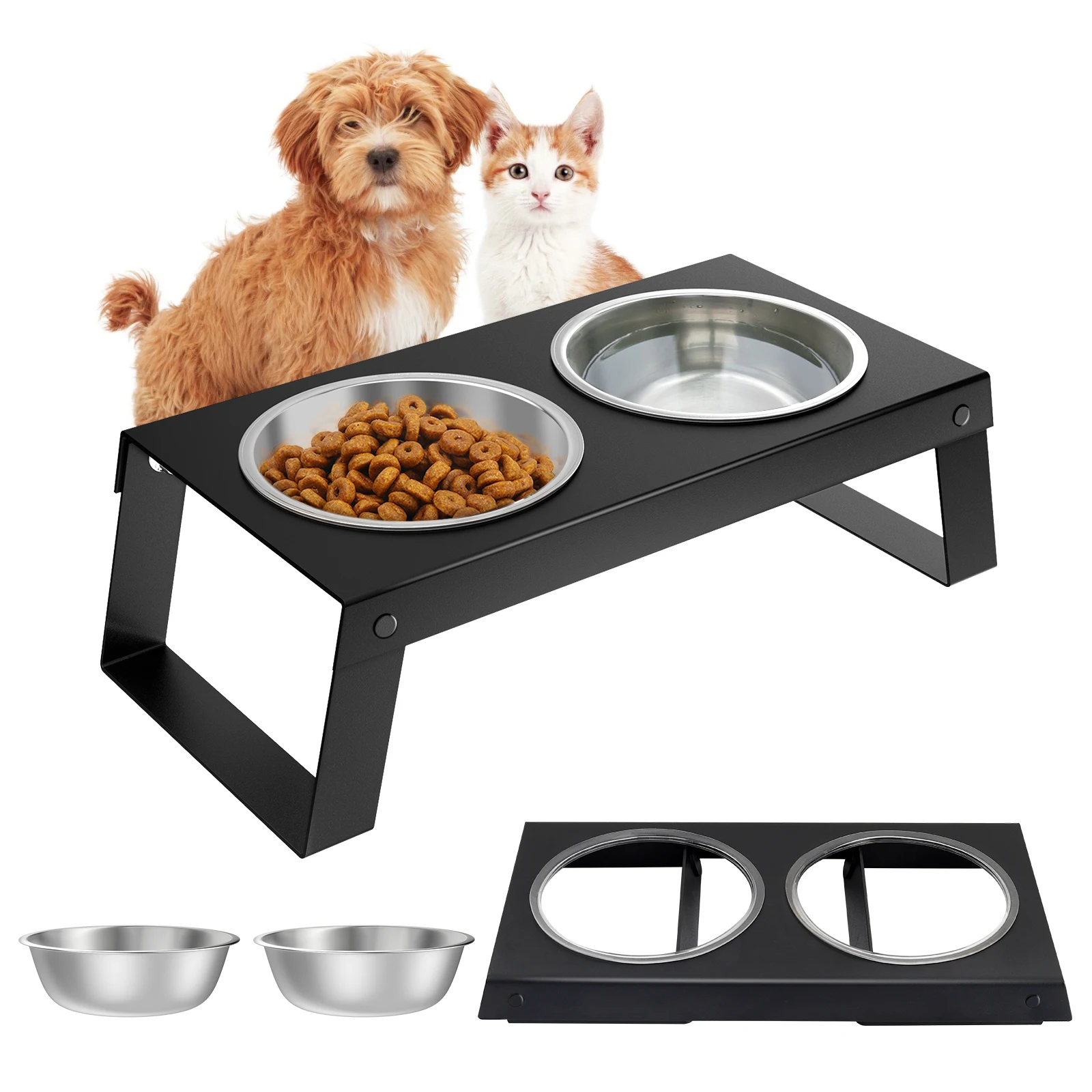 

Pet Food Feeder Stand with 2 Stainless Steel Dog Bowls for Small Pets, Black