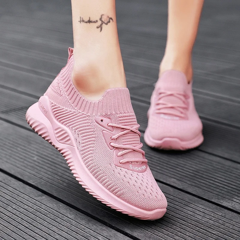 

Fashion non slip tennis casual sports sneakers breathable knit walking loafers ladis shoes 2020 sport shoes woman oem shoes, Black/pink/gray