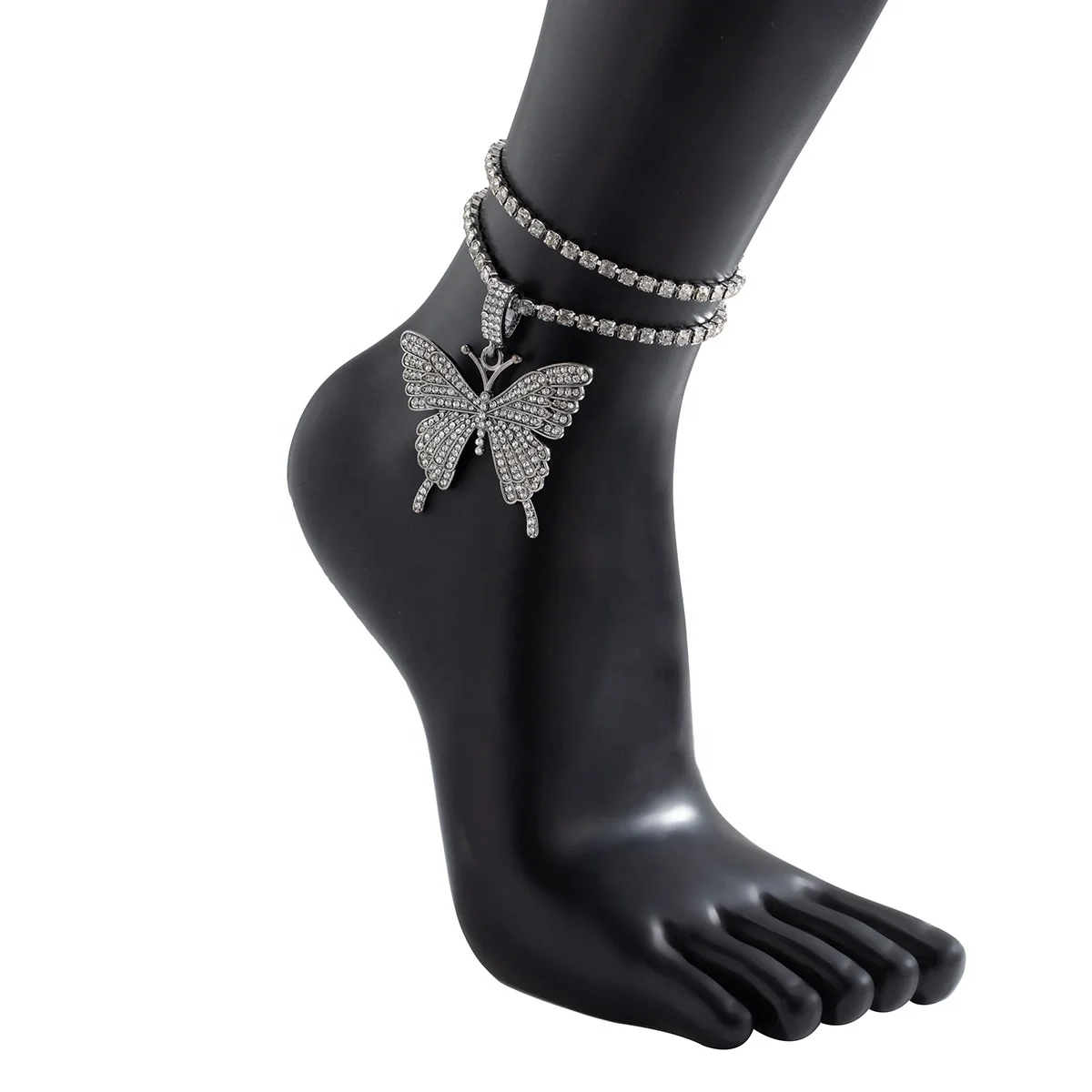 

New Crystal Chain Anklet for Women Cute Pink Big Butterfly Mosaic Double Chain Anklet Foot Jewelry, Customized plated