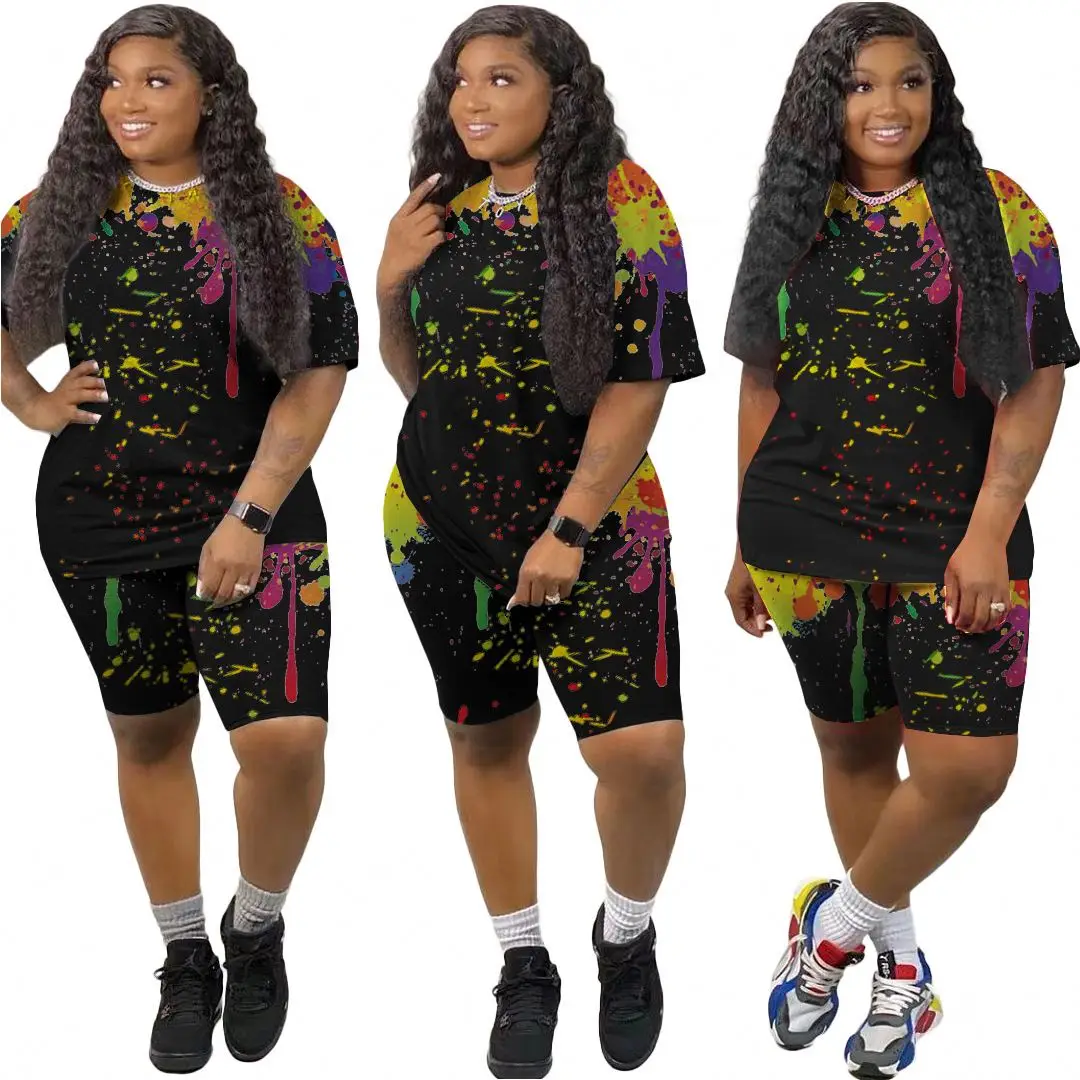 

Printed Color Splash Ink Printed Casual Summer Short Set Plus Size Two Piece Set, As pictures