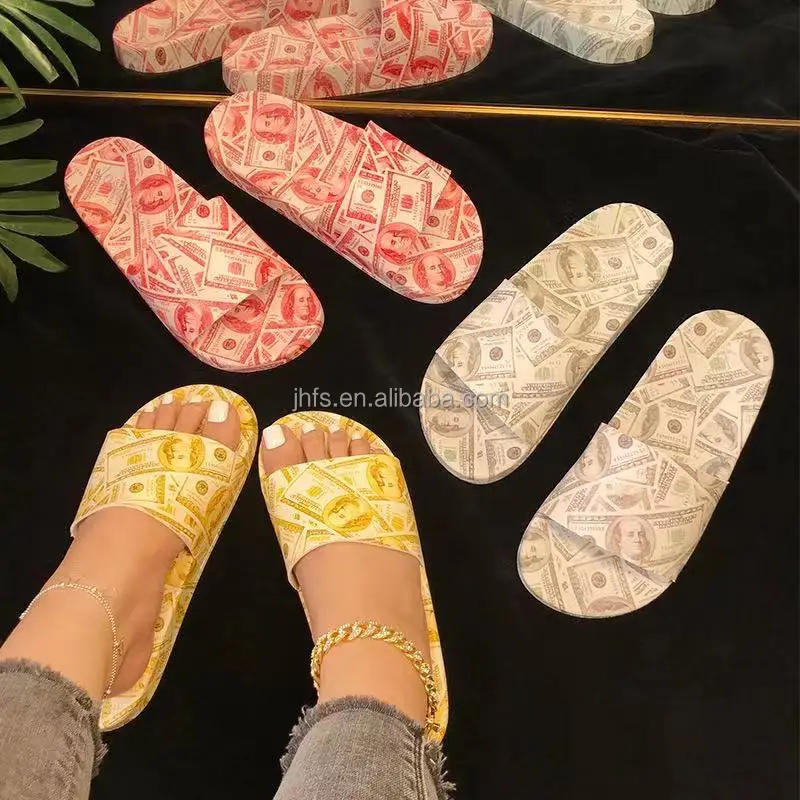 

J&H fashion 2021 women's sandals dollar print design summer lightweight footbed platform slippers comfortable slides, 3 colors as picture