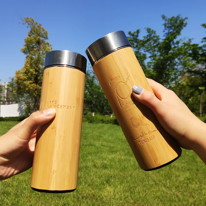 

Mikenda Eco-Friendly Bamboo Wooden Stainless Steel Water Bottle Natural Double Wall Vacuum Bamboo Water Bottle, Transparent
