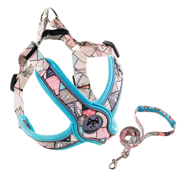 

Adjustable Heavy Duty Reflective Stylish Trendy Cute Pattern Soft Air Mesh Pet Dog Lift Vest Harness Leash Set, Yellow print, blue print, white print