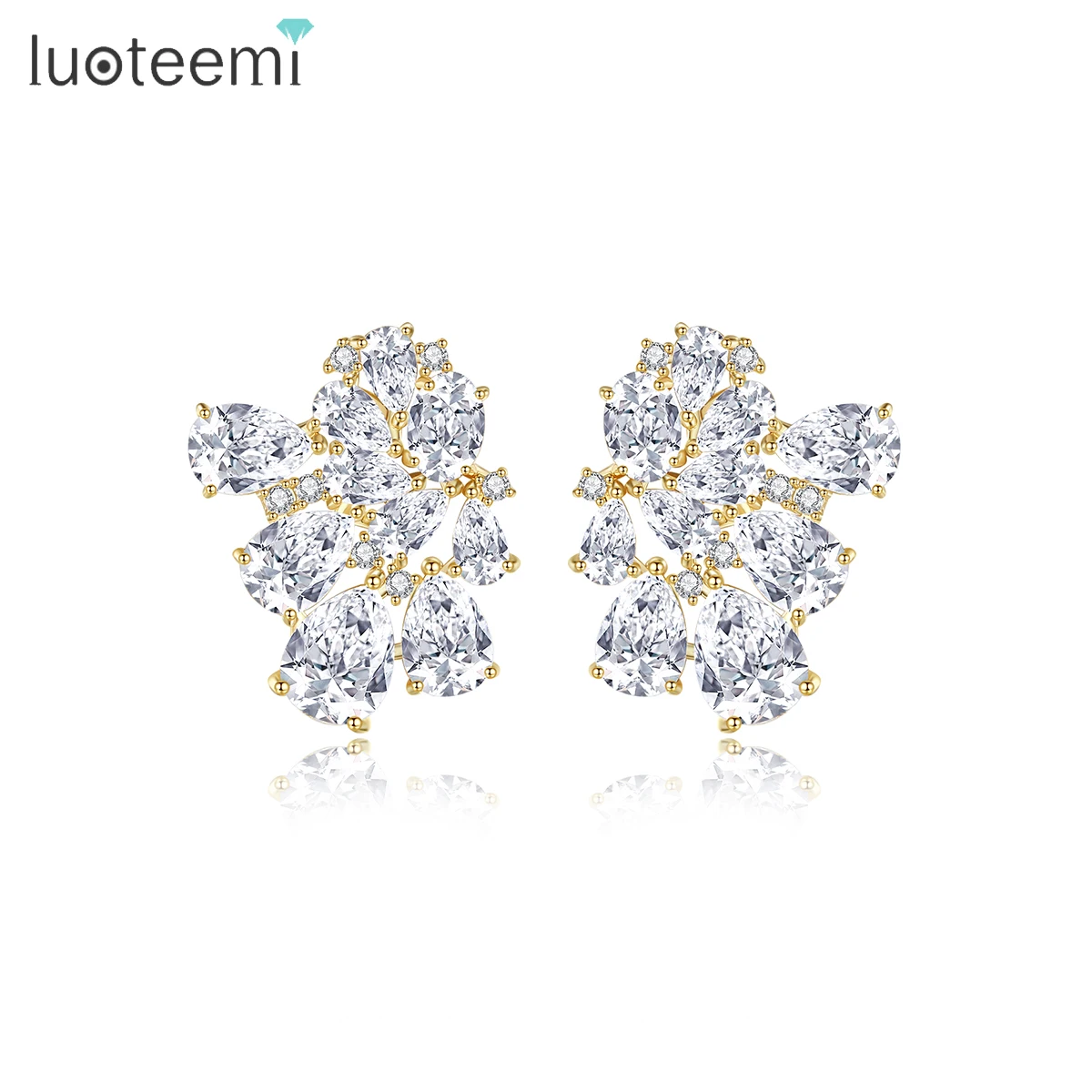 LUOTEEMI Woman Clear CZ  Earing Fashion Designer Elegant Gold Plated Flower Lady Clip Big Stud Earrings