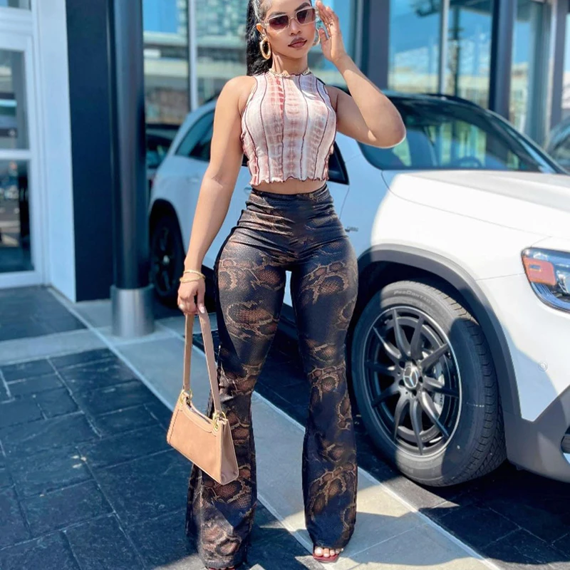 

Q21PT245 Fashion Fall Pant Snakeskin Printed Elastic Waist Streetwear Skinny Flared Pants Women