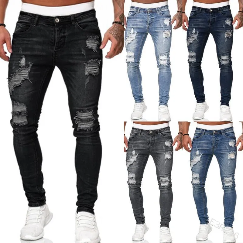 

Men hip hop Vintage streetwear Ripped destroyed slim jeans Fashion high quality Male's Distressed Casual Jogger denim pants, Black