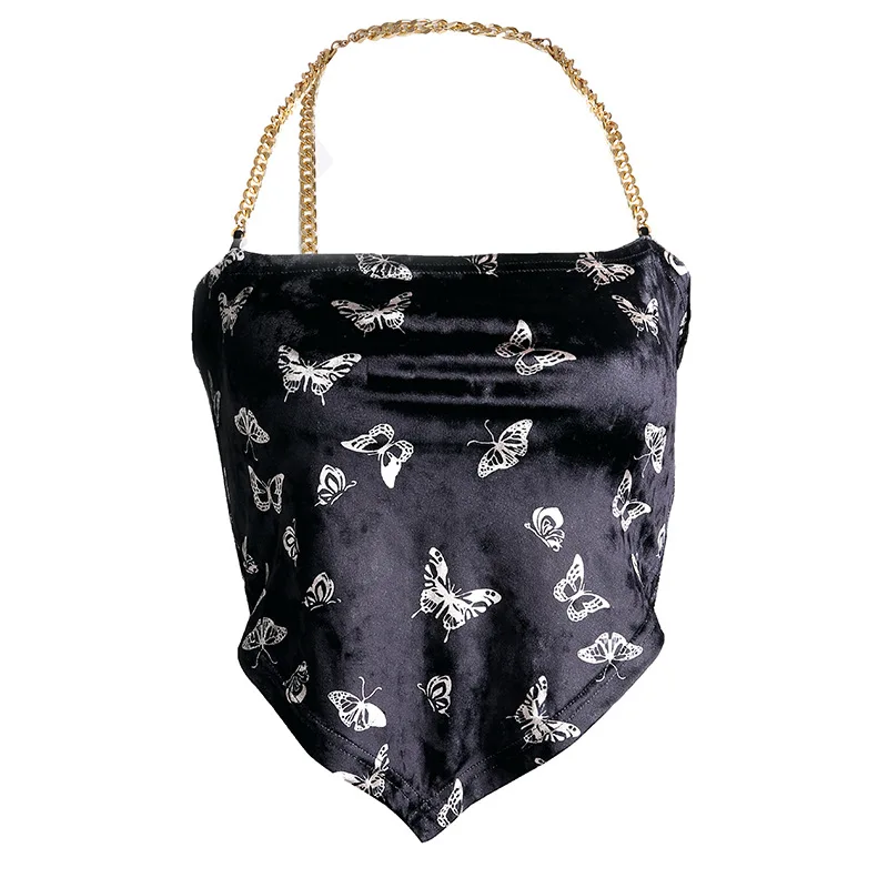 

Autumn/winter Sling Vest Female Wear Butterfly Print Velvet Chain One Word Collar Back Sexy Vest