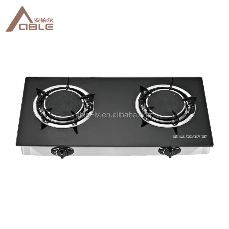 Two Burner Gas Hob Powder Enamel Top Stove Igniter Home Appliance Glass