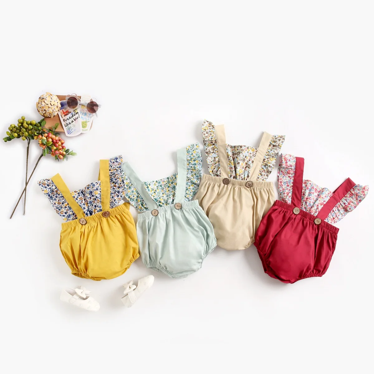 

Hot Sale Summer Ruffle Sleeve Floral Suspender Jumpsuit Romper Clothes, 4color