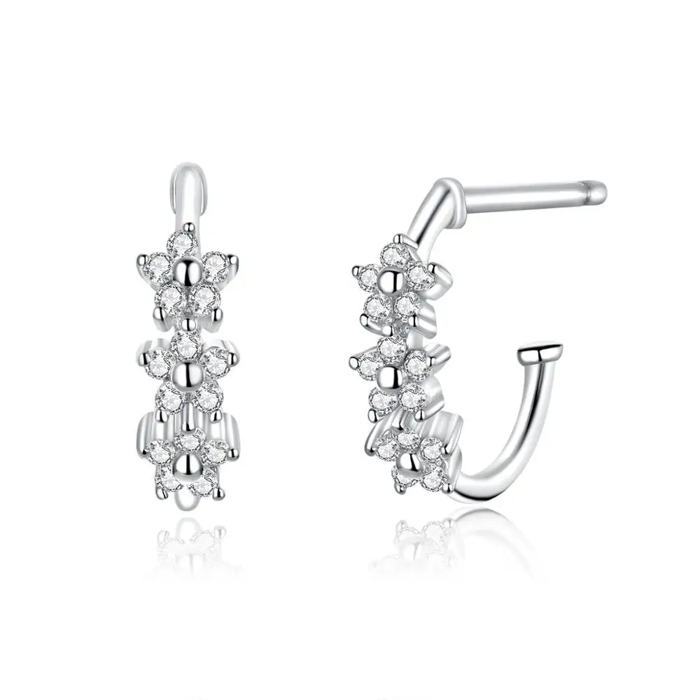 

New Arrival Flower Blossom Hoop Earrings for Women Genuine 925 Sterling Silver Clear CZ Statement Wedding Jewelry