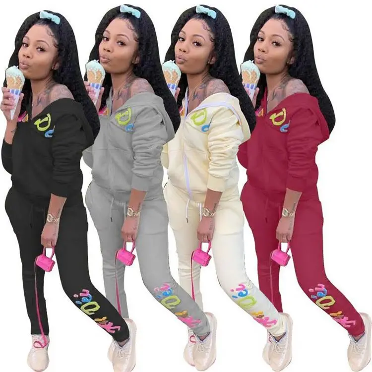 

W8727 sets womens clothing hooded sweatshirt embroidery 2 piece sports tracksuit