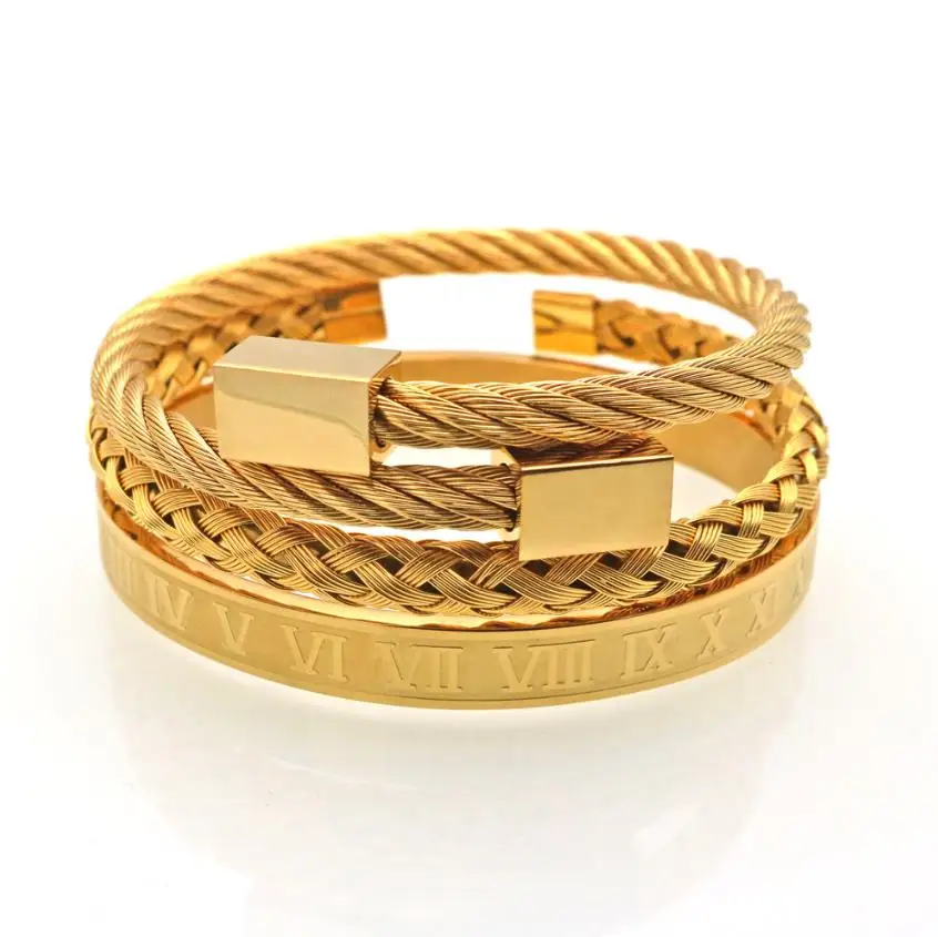 

Luxury 3Pcs/Set Men's Gold Crown Bracelet Set Stainless Steel Numbers Engraved Bangle CZ Crown Braided Macrame Bracelet