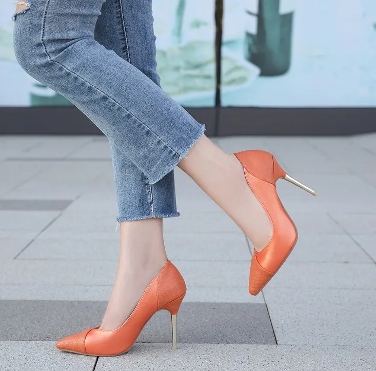 

2021 new women's pumps metal stiletto shoes European and American professional high heels women's shoes pointed fashion shoes, Blue,sliver,gold,orange