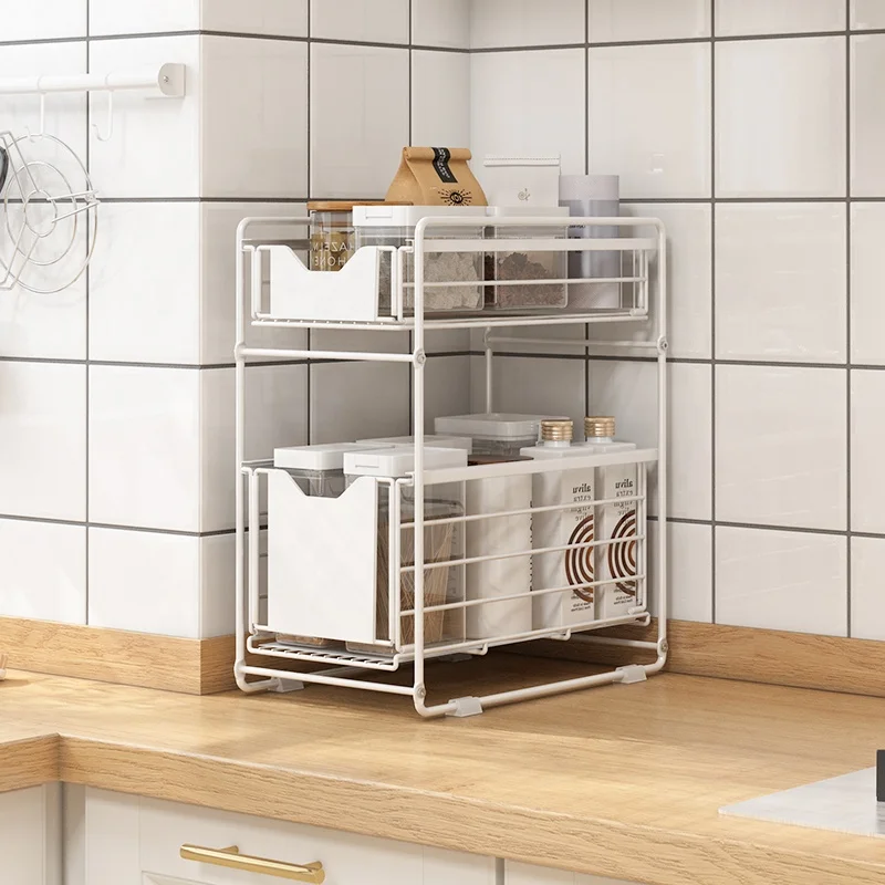 

Double-layer foldable type kitchen push-pulling storage holders spice rack pull out drawer