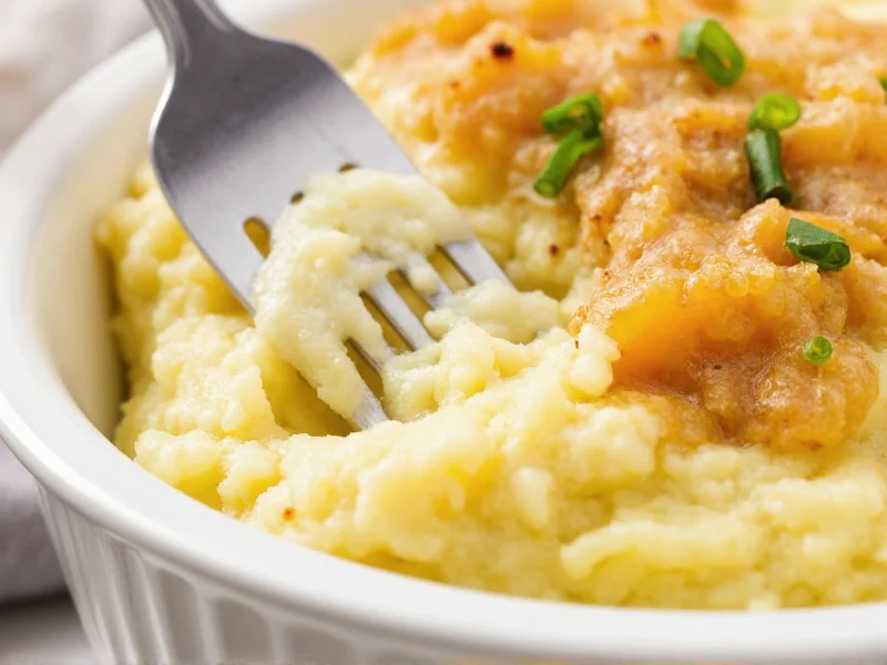 Close-up of creamy mashed potato topping with fork