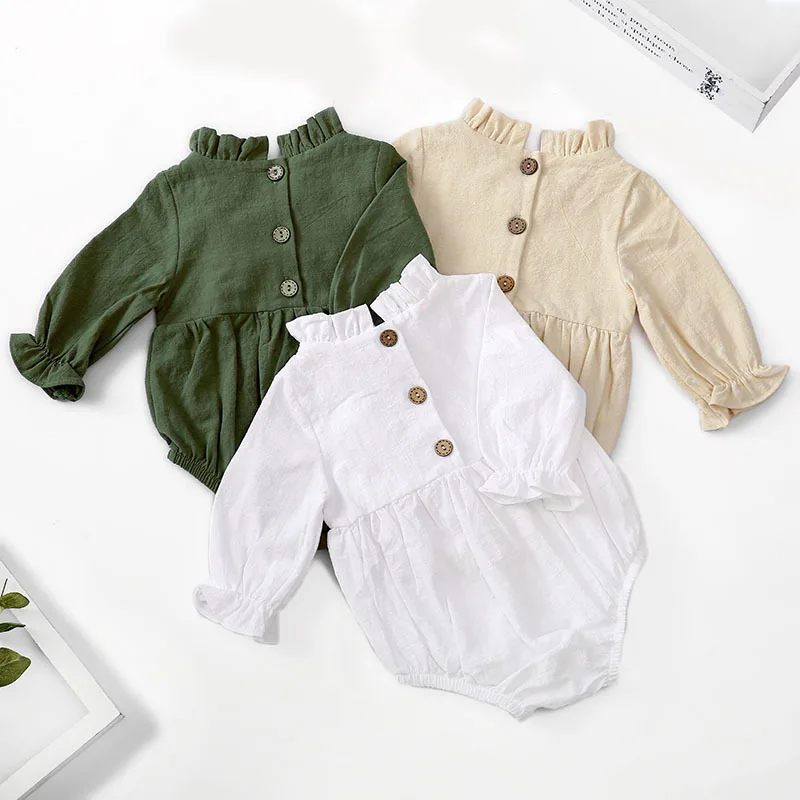 

New long sleeve cotton and linen newborn baby romper solid color flying sleeve lace neckline baby one-piece children romper, As pic