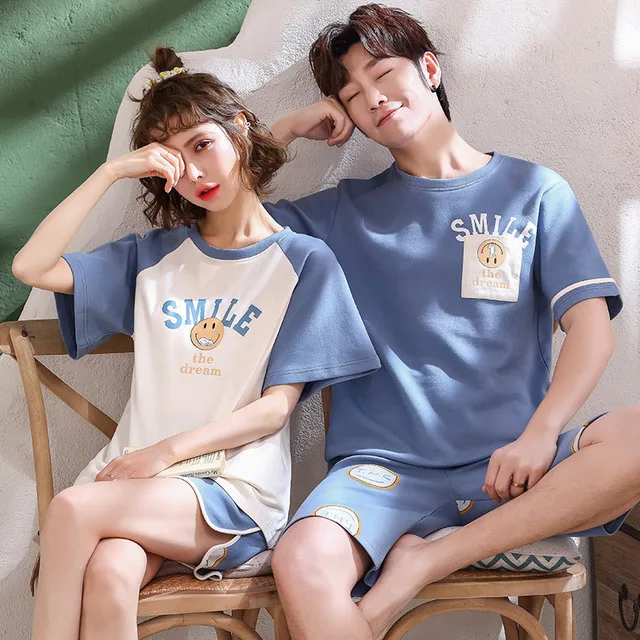

Couple pajamas woman man short sleeves pajamas sets nightclothes summer sleepwear leisure wear two-pieces sets lovers, As picture