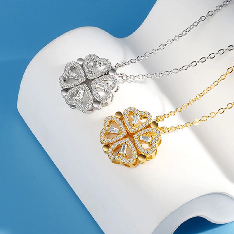 

Foldable deformation diamond-studded love four-leaf clover clavicle necklace can change styles 2021 popular models, Colorful