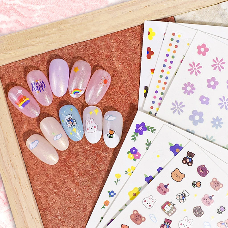 

2021 New Flower rainbow Cute Nail Foils Cartoon animal dog bear Nail Art Design Slider Nail Decoration Decal stickers, Colorful