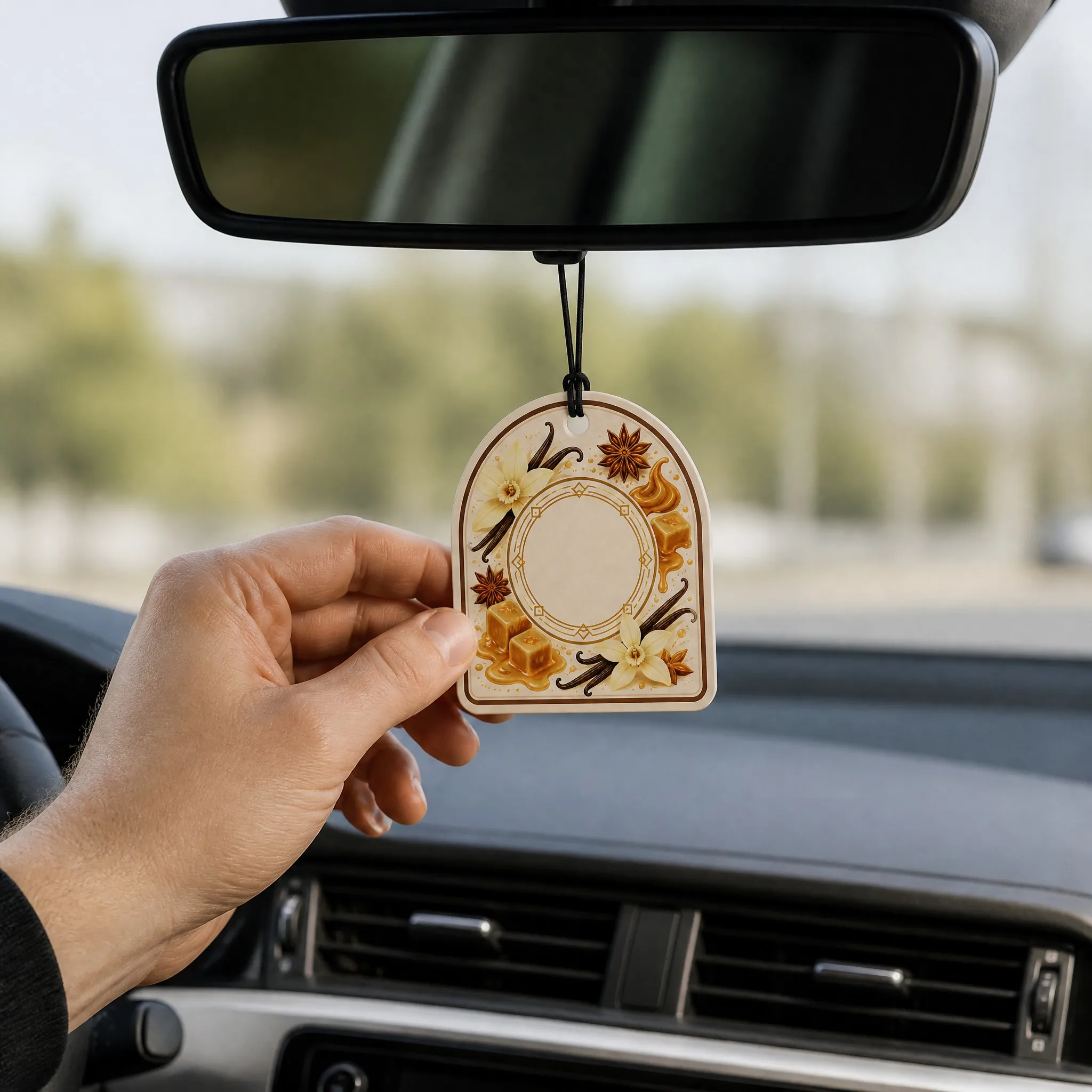 Vanilla Caramel Scented Air Freshener Hanging in Car from Rearview Mirror Lifestyle Context