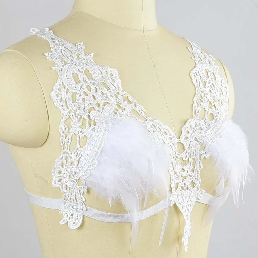 New Lace Feather Bra Women's Wings Cage Elastic Harness Top Rave Bra