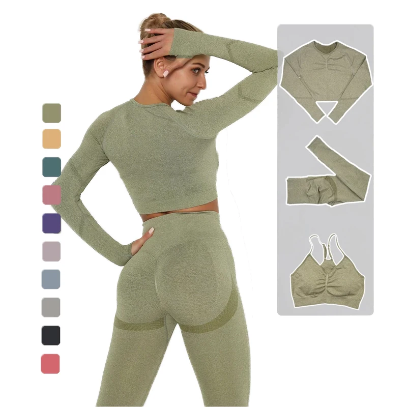 

Sports Suit Sports Outfit Fitness Set Wear High Waist Gym Seamless Workout Clothes 2021 Long Sleeve 3 Piece Yoga Sets For Women