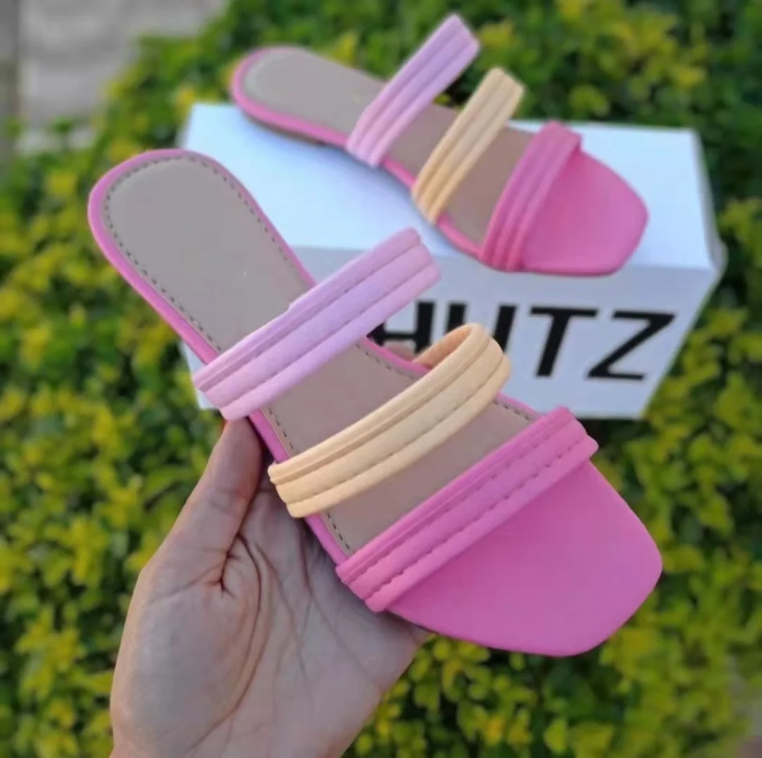 

2022 Summer New Square-toe Flat-bottomed Simple Color-blocking Beach Slippers Ladies Flat Sandals Lace-up Woven designer slipper, Blue / white / pink